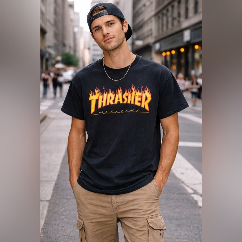 Thrasher Magazine Flame Logo Graphic Tee Black Skate Streetwear Size‎ Small